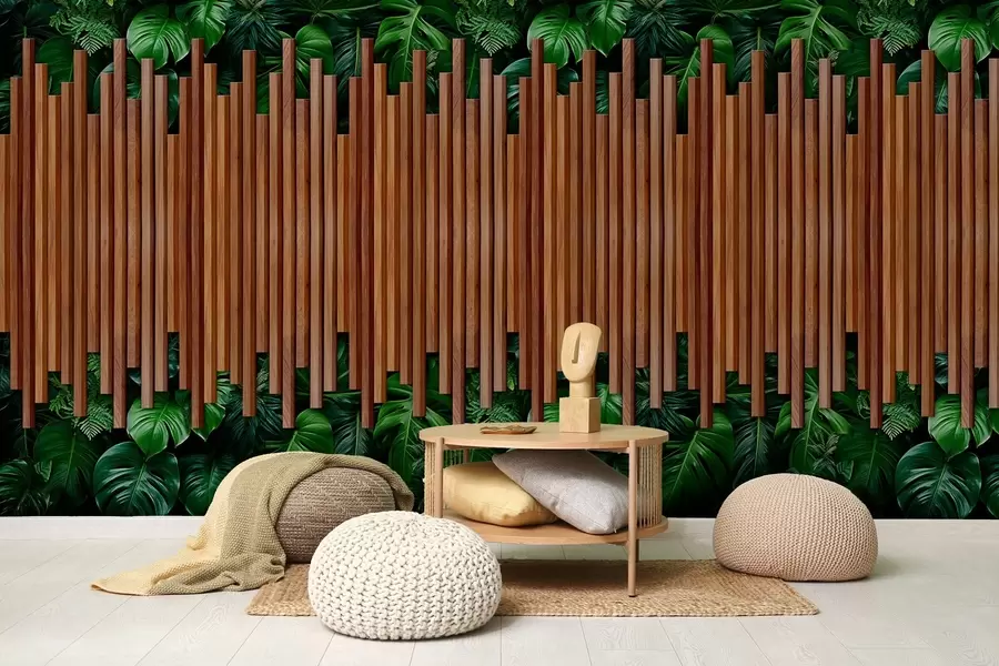 murales de pared Imitación de paneles de madera y pared verde w04138