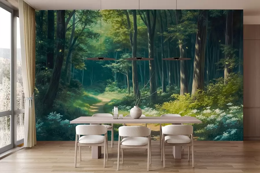 murales de pared Bosque verde con suave luz solar, árboles y flores blancas, dibujo al óleo w04118