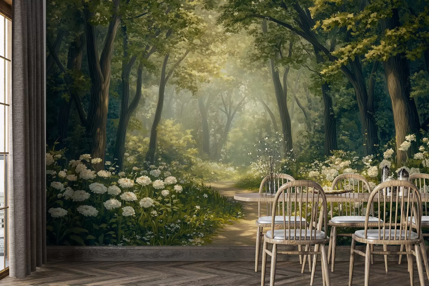 murales de pared Sendero en el bosque verde, flores blancas, luz del sol, dibujo estilo acrílico w04119