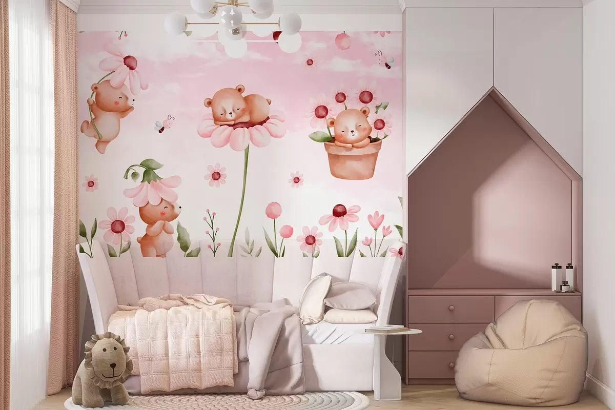 murales de pared Osos con flores, animales de cuento w04143