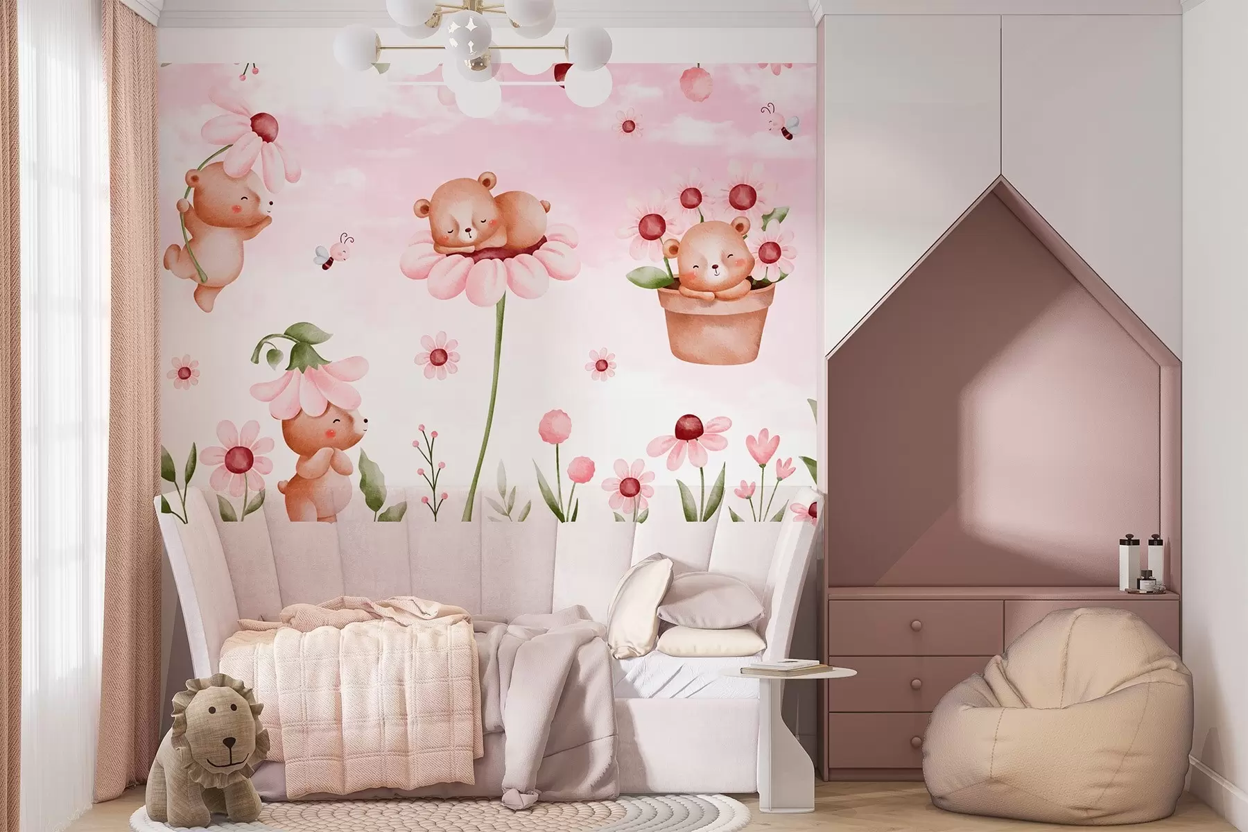 murales de pared Osos con flores, animales de cuento w04143