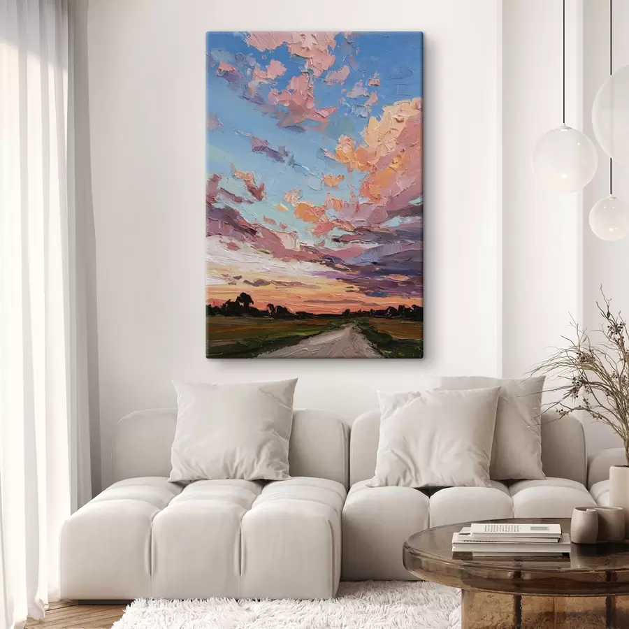 murales de pared Cielo al atardecer, camino en el campo, pinceladas vivas, imitación al óleo  s44795