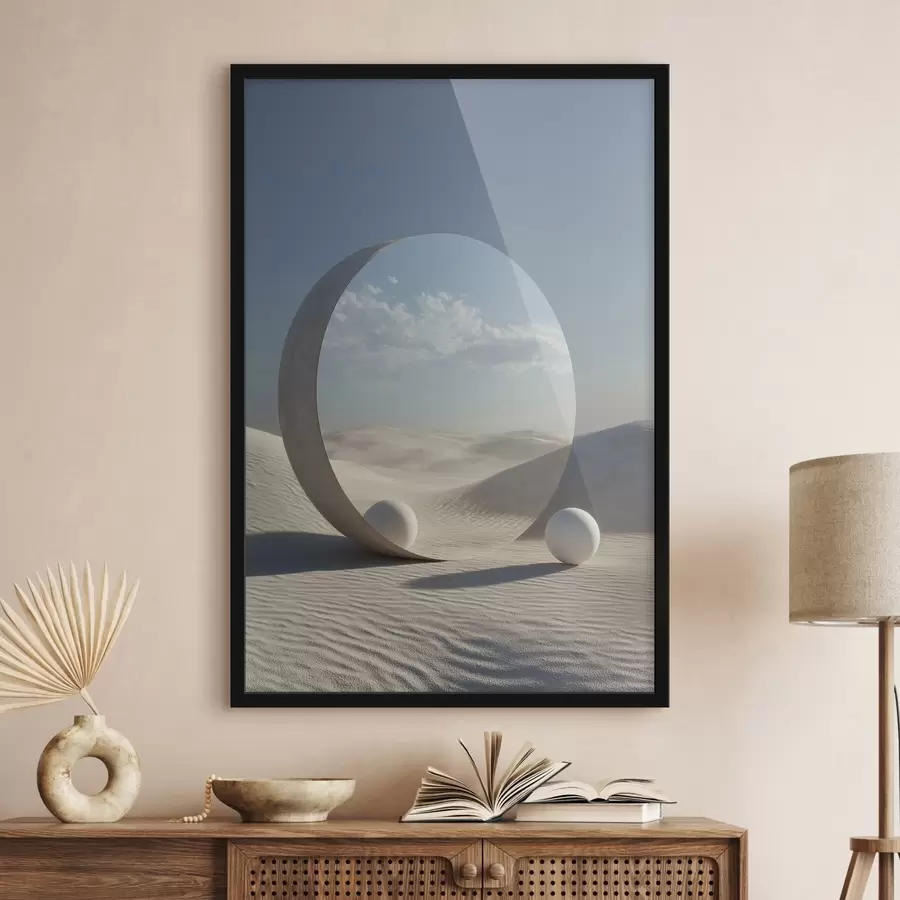 murales de pared Surrealista paisaje desértico con un espejo redondo que refleja el cielo y la luna f44792