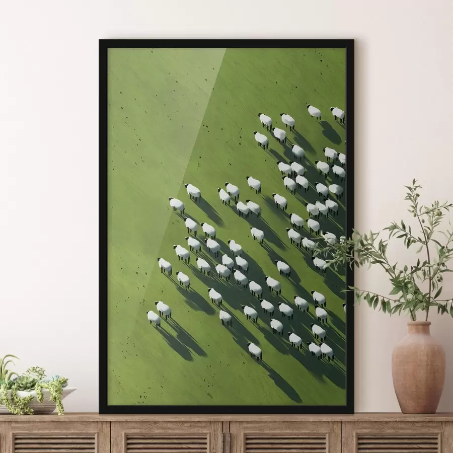 murales de pared Campo verde con un rebaño de ovejas, abstracción, vista aérea f44793