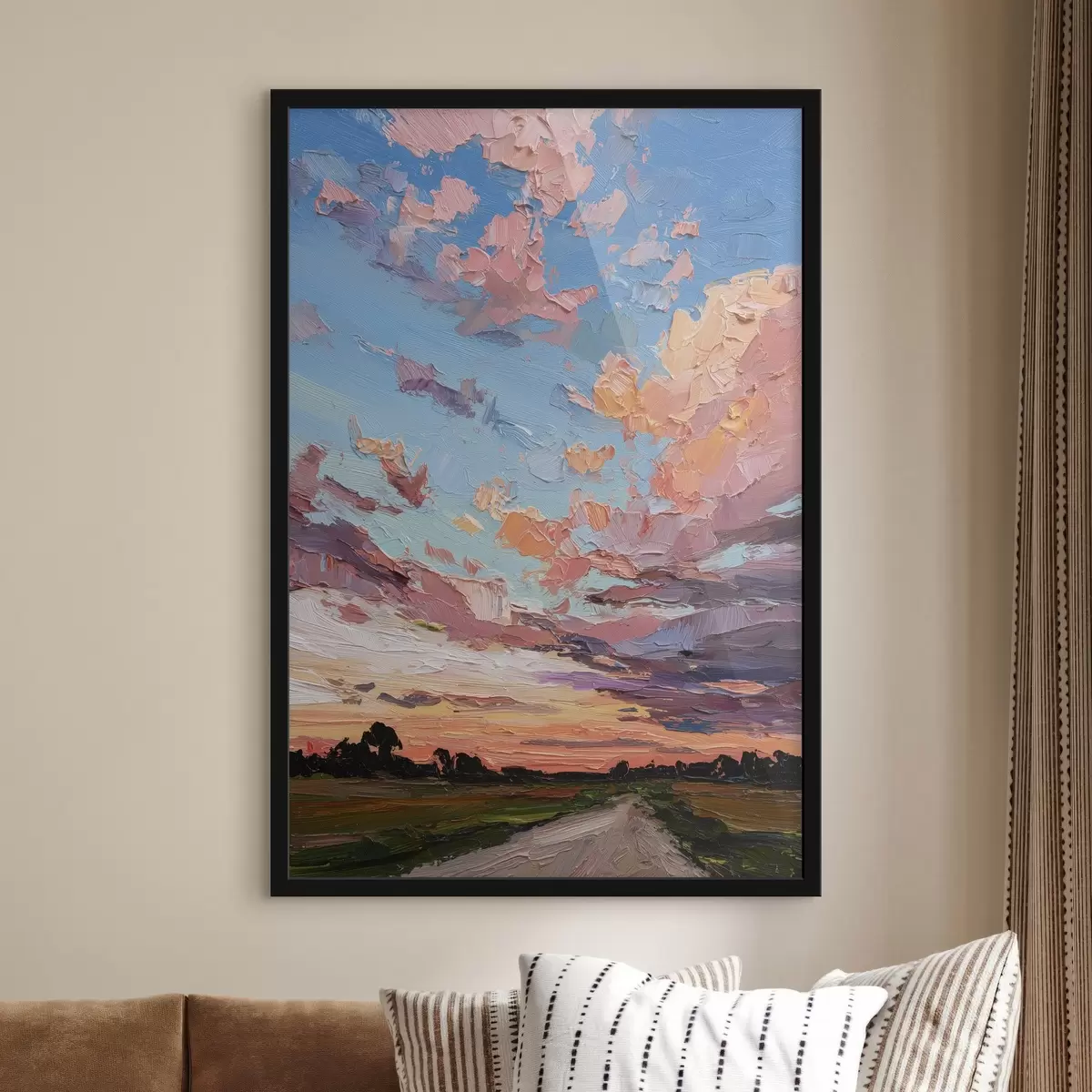 Poster Cielo al atardecer, camino en el campo, pinceladas vivas, imitación al óleo f44795