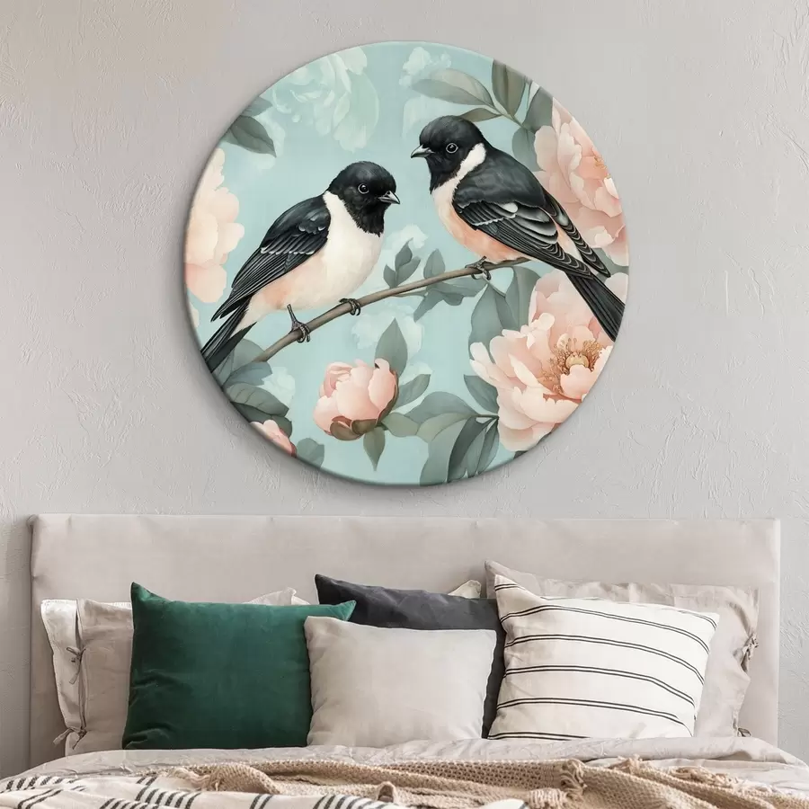 murales de pared Dos pájaros en la rama con peonías r44786