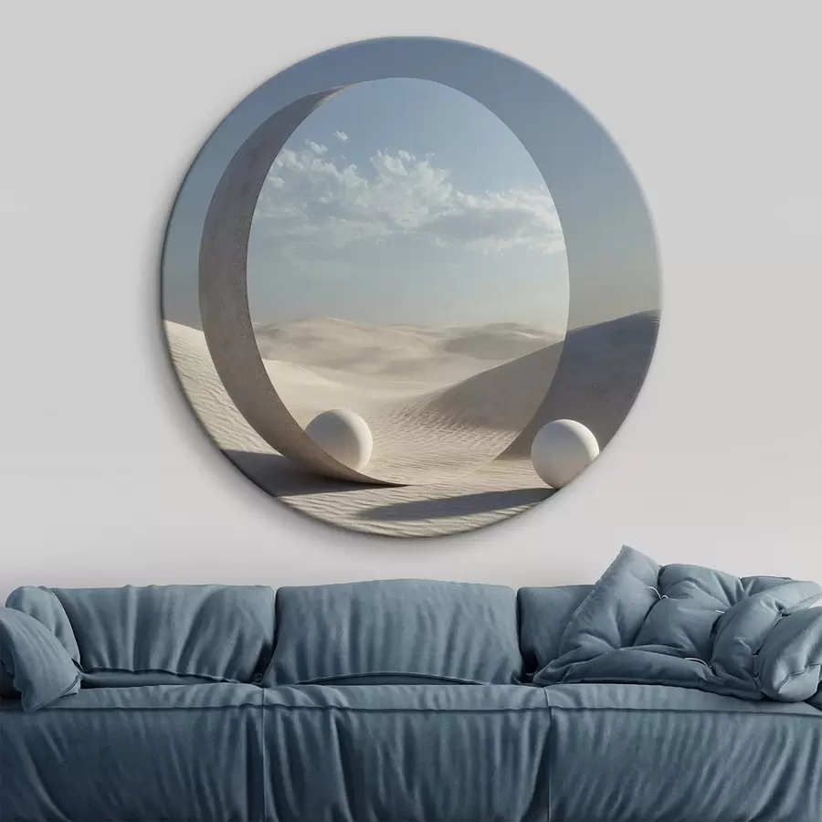 murales de pared Surrealista paisaje desértico con un espejo redondo que refleja el cielo y la luna r44792