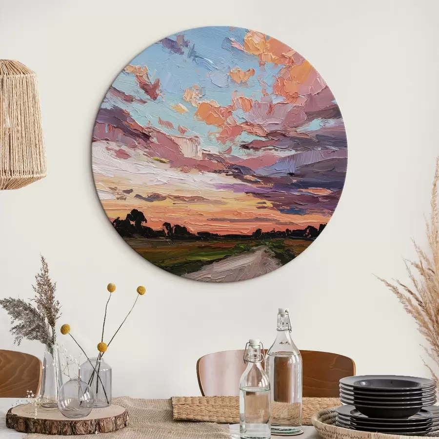 murales de pared Cielo al atardecer, camino en el campo, pinceladas vivas, imitación al óleo r44795