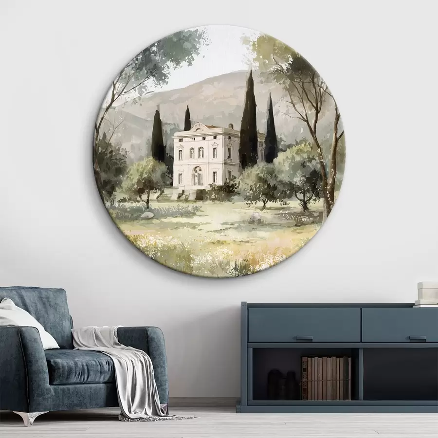 murales de pared Pueblo mediterráneo con casa blanca rodeada de jardín r44796