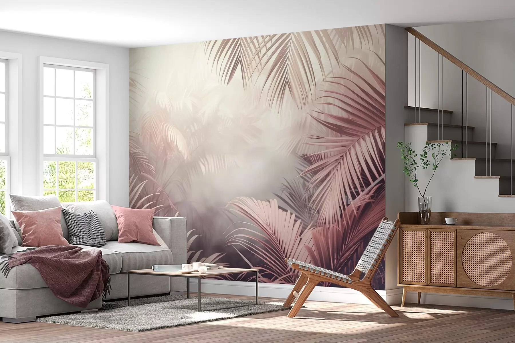 murales de pared selva tropical con un tinte rosado w04142