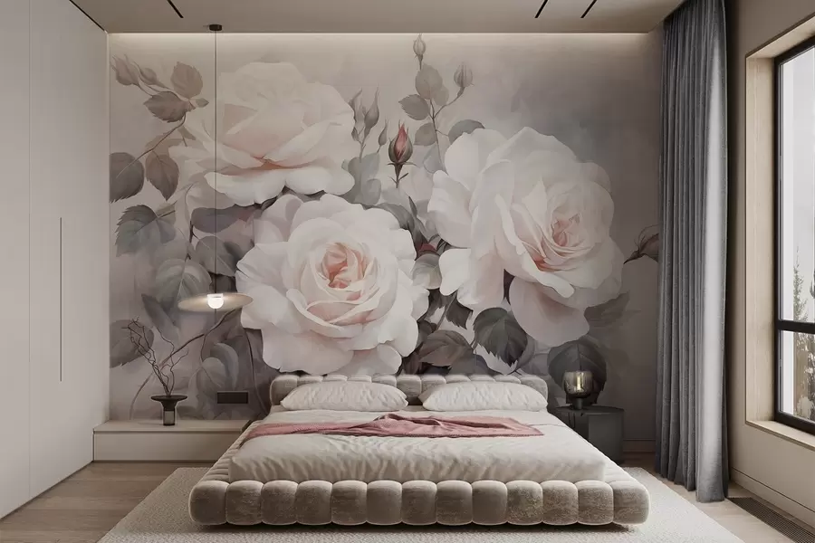 murales de pared Rosas blancas texturizadas con hojas y tallos, suaves colores pastel apagados, elegante estilo vintage , delicadas pinceladas w09198