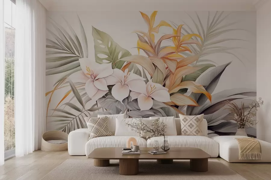 murales de pared Ilustración botánica de flores tropicales con hojas de palmera y monstera,colores suaves, estilo acuarela w09201