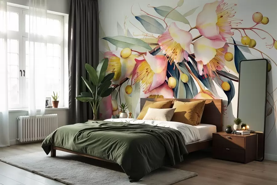 murales de pared Flores de eucalipto con hojas verdes, estilo acuarela, suave y con textura, fondo claro, diseño floral botánico w09202