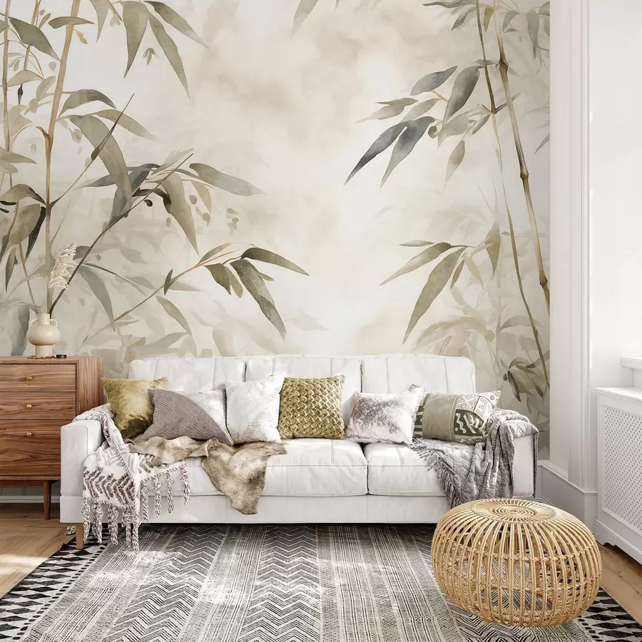 murales de pared Ramas con textura de bambú y hojas en estilo acuarela, suave paleta de colores neutros, fondo beige claro w09204