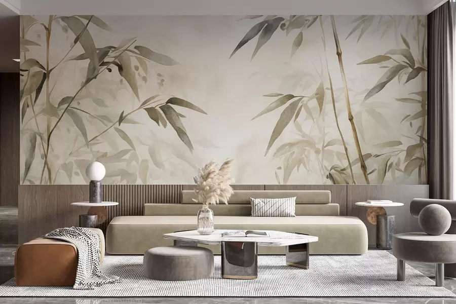 murales de pared Ramas con textura de bambú y hojas en estilo acuarela, suave paleta de colores neutros, fondo beige claro w09204
