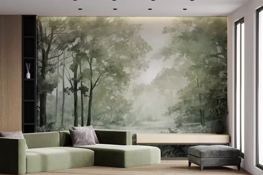 murales de pared Paisaje forestal texturizado, árboles con hojas verdes, paleta de colores pastel w09210v2