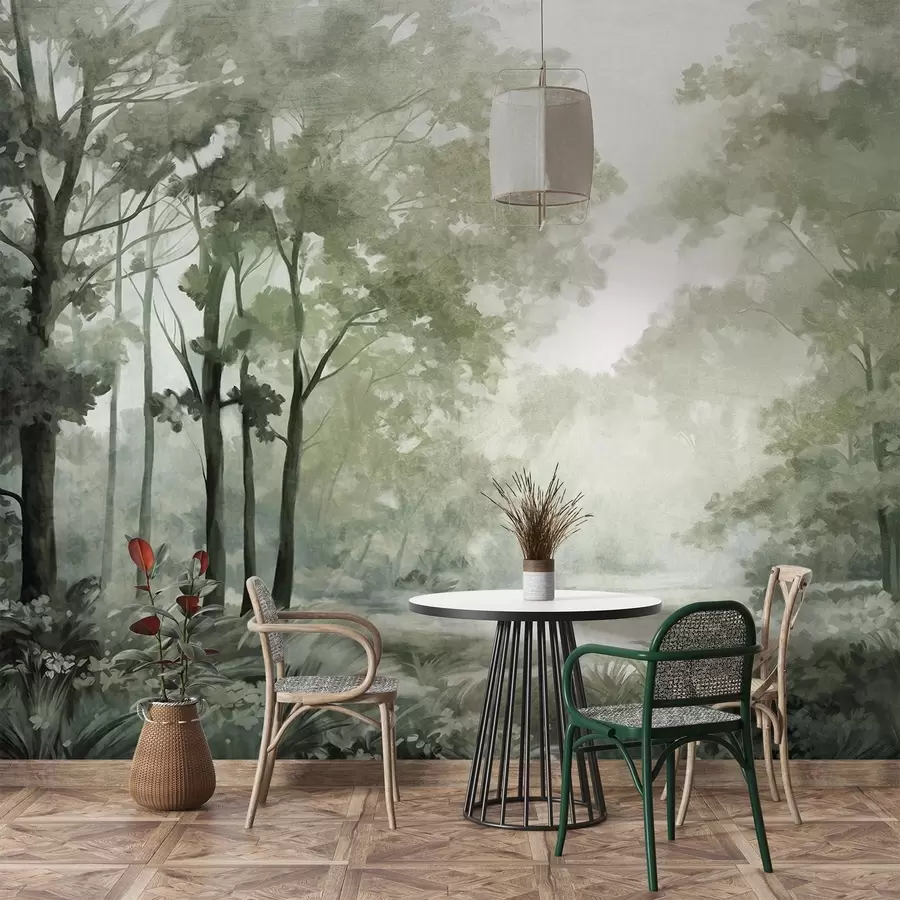 murales de pared Paisaje forestal texturizado, árboles con hojas verdes, paleta de colores pastel w09210v2