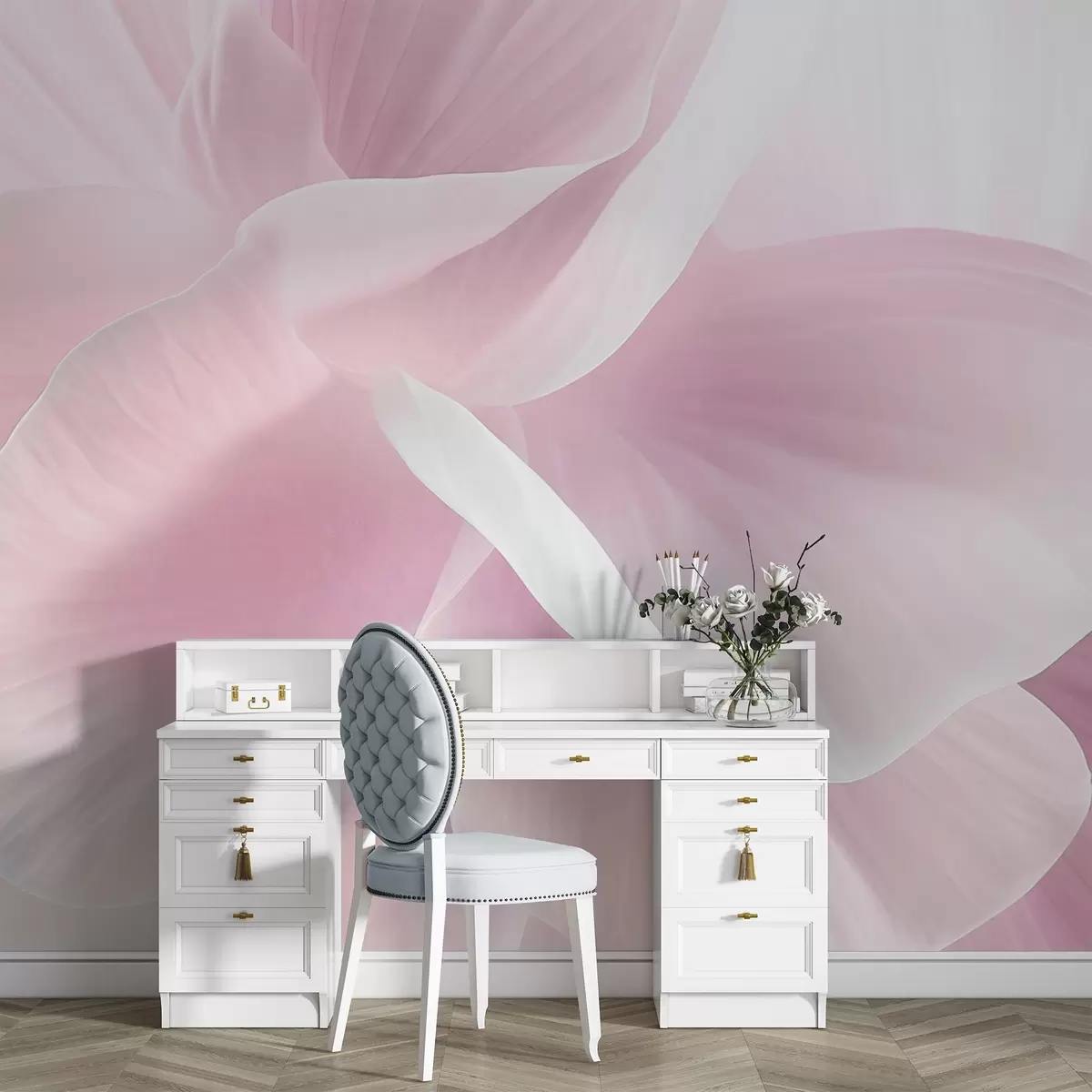 murales de pared Flor abstracta texturizada con delicados pétalos, iluminación suave, composición elegante, estética minimalista w09211v1