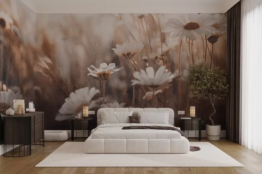 murales de pared Campo texturizado de margaritas blancas y flores silvestres en paleta de colores cálidos con fondo difuminado w09214