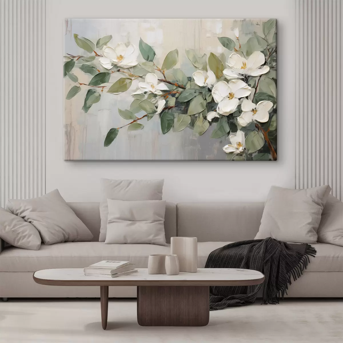 murales de pared Flores de magnolia con hojas verdes en una rama, estilo de textura impasto, paleta de colores suaves s44853