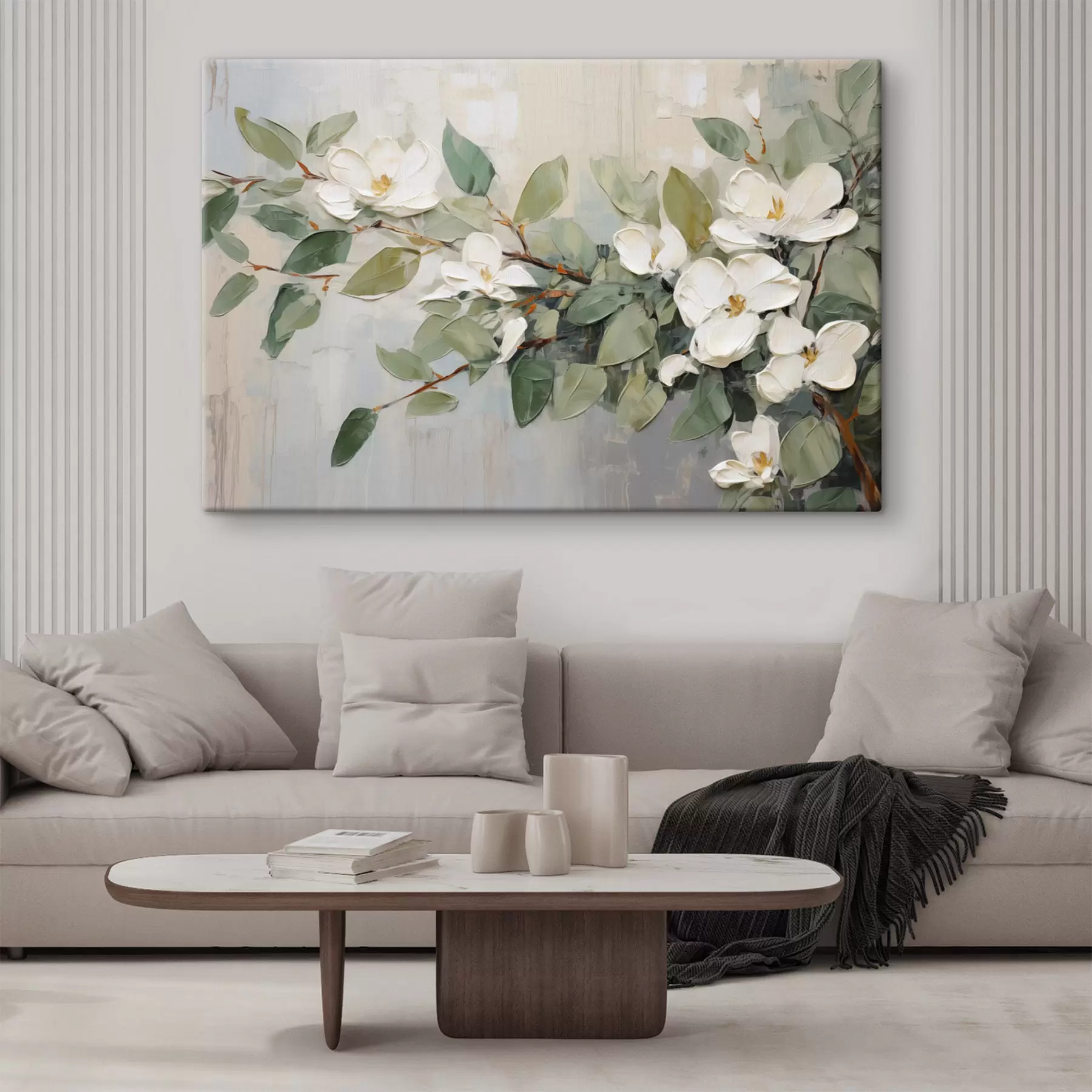 murales de pared Flores de magnolia con hojas verdes en una rama, estilo de textura impasto, paleta de colores suaves s44853
