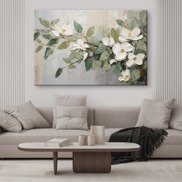 Cuadros Flores de magnolia con hojas verdes en una rama, estilo de textura impasto, paleta de colores suaves, Cuadros de flores, s44853 : Uwalls.es