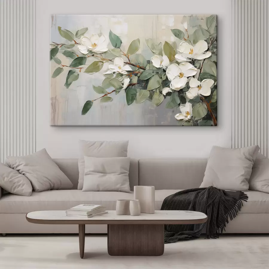 murales de pared Flores de magnolia con hojas verdes en una rama, estilo de textura impasto, paleta de colores suaves s44853