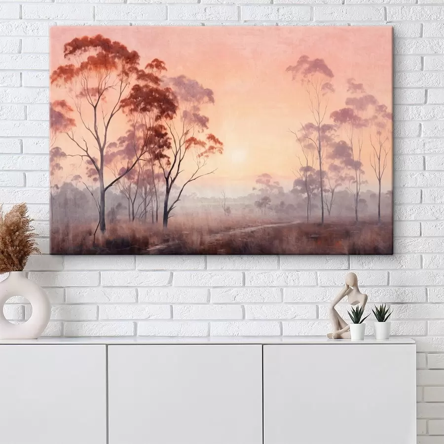 murales de pared Un paisaje pintado de un campo con hierba alta y árboles, el sol está en el fondo s44854