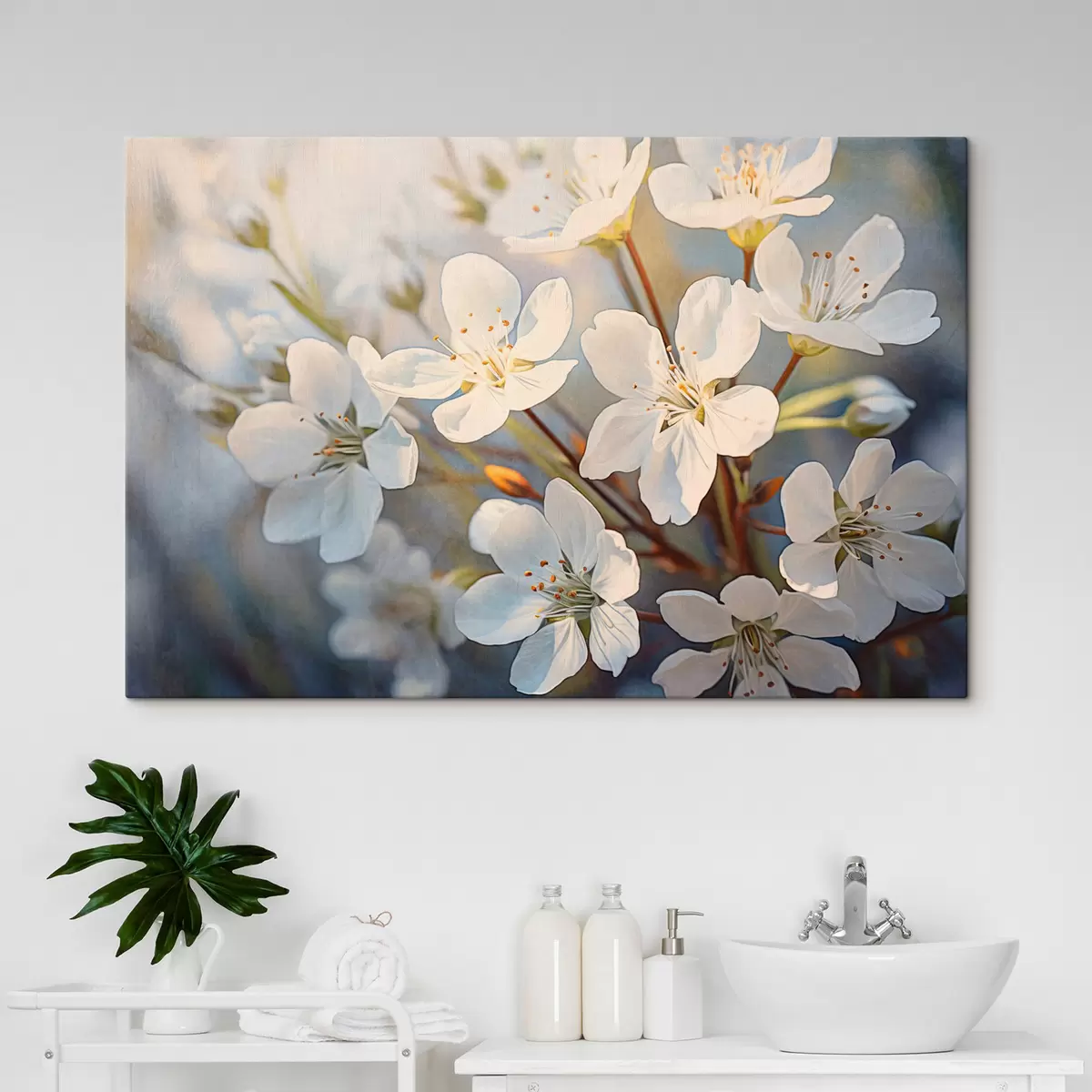 murales de pared Flores de cerezo blancas texturizadas en estilo acuarela, pétalos delicados, estación primaveral s44859