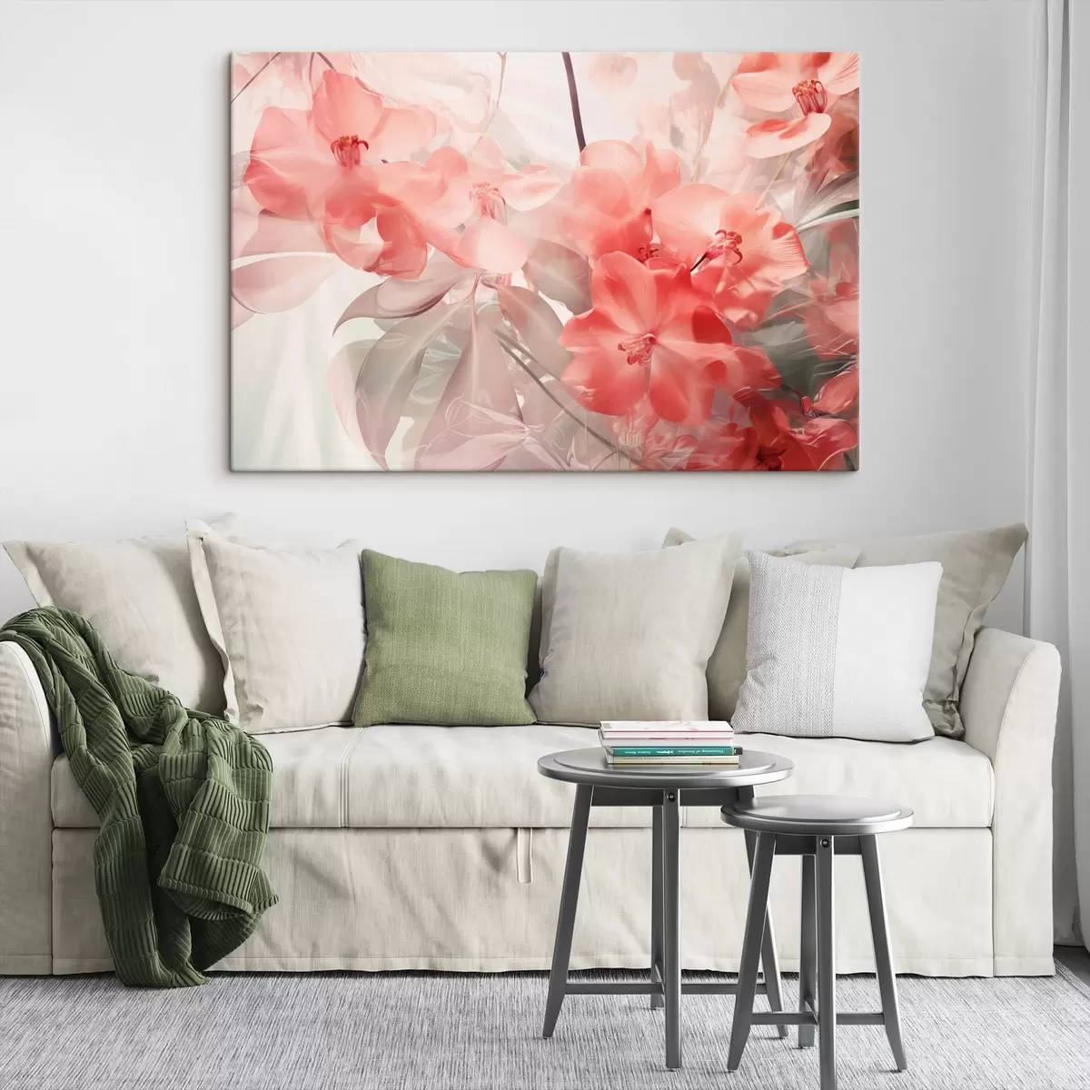 murales de pared Flores tropicales de color rosa vibrante con hojas verdes suaves y apagadas, que crean una delicada textura de ensueño s44861