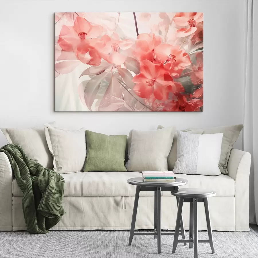 murales de pared Flores tropicales de color rosa vibrante con hojas verdes suaves y apagadas, que crean una delicada textura de ensueño s44861