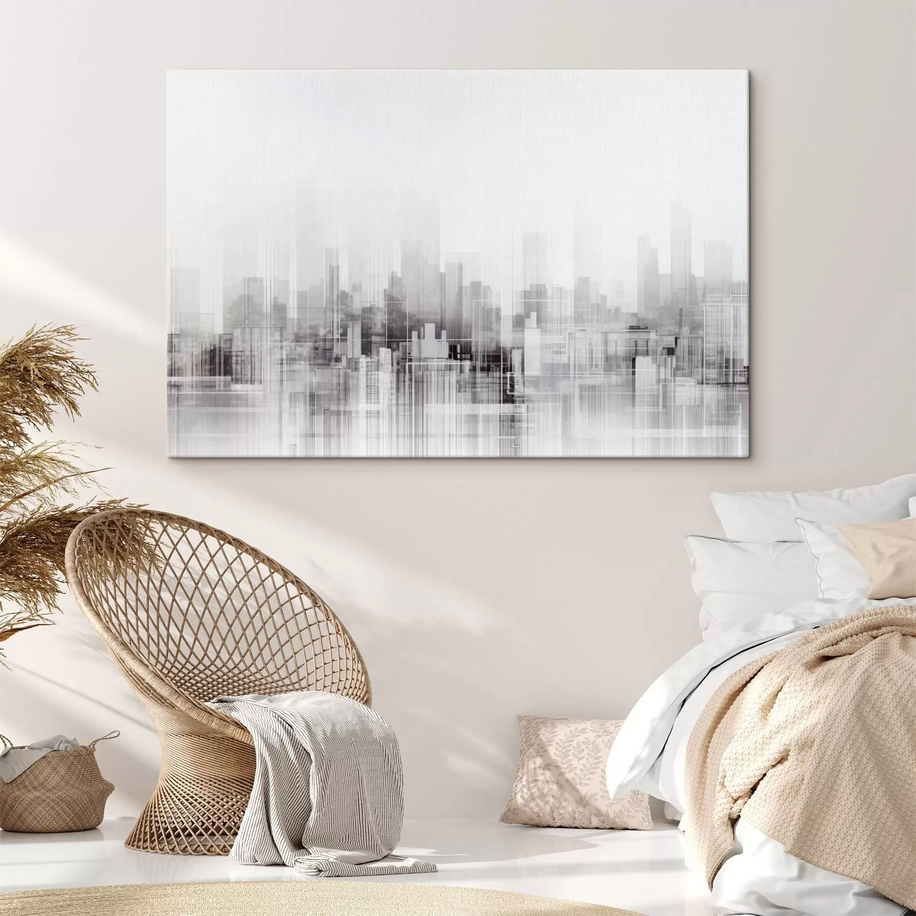 murales de pared Paisaje urbano minimalista texturizado con edificios altos y rascacielos, silueteados contra un cielo blanco s44863