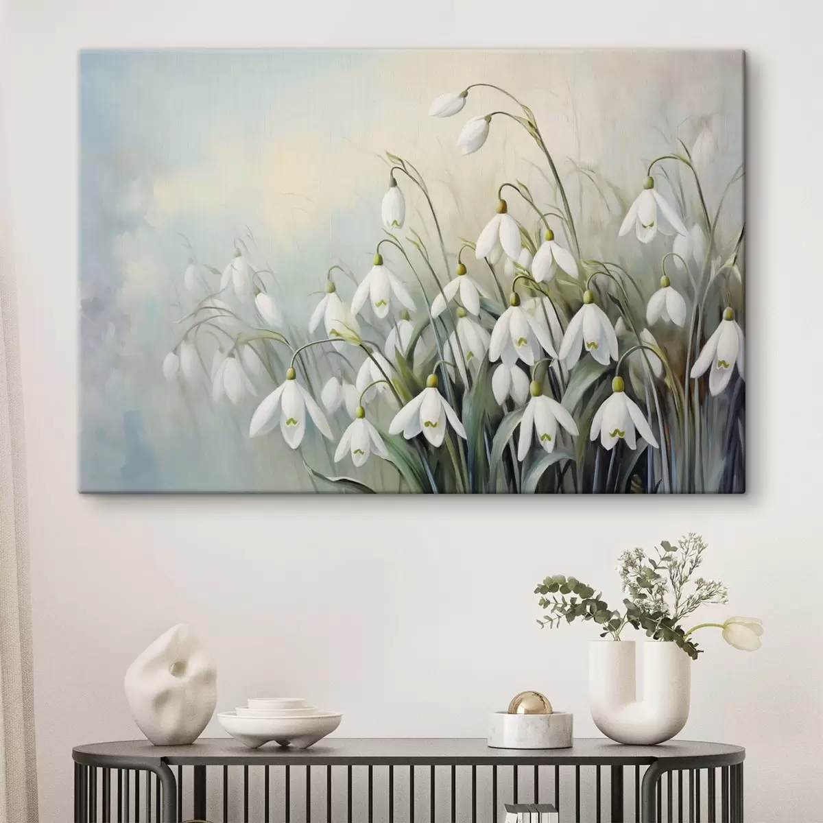 murales de pared Flores blancas de campanillas de invierno con tallos y hojas azules y verdes, pinceladas suaves, fondo difuminado  s44864