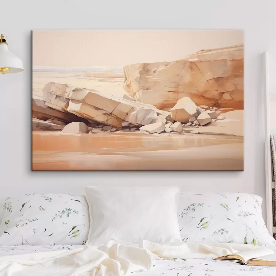 murales de pared Paisaje minimalista de playa rocosa con grandes rocas de color marrón claro y agua clara s44865