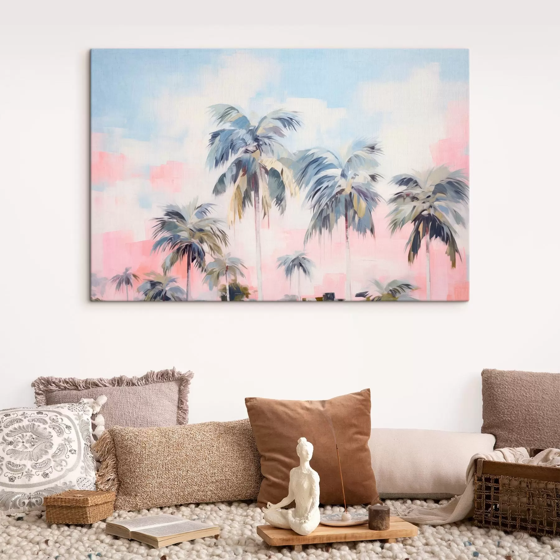 murales de pared Palmeras con hojas de colores pastel y troncos marrones, cielo rosa y azul, ambiente tropical  s44866