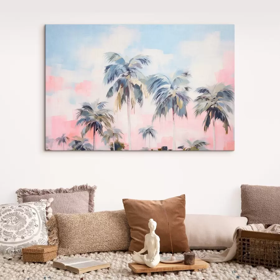 murales de pared Palmeras con hojas de colores pastel y troncos marrones, cielo rosa y azul, ambiente tropical  s44866