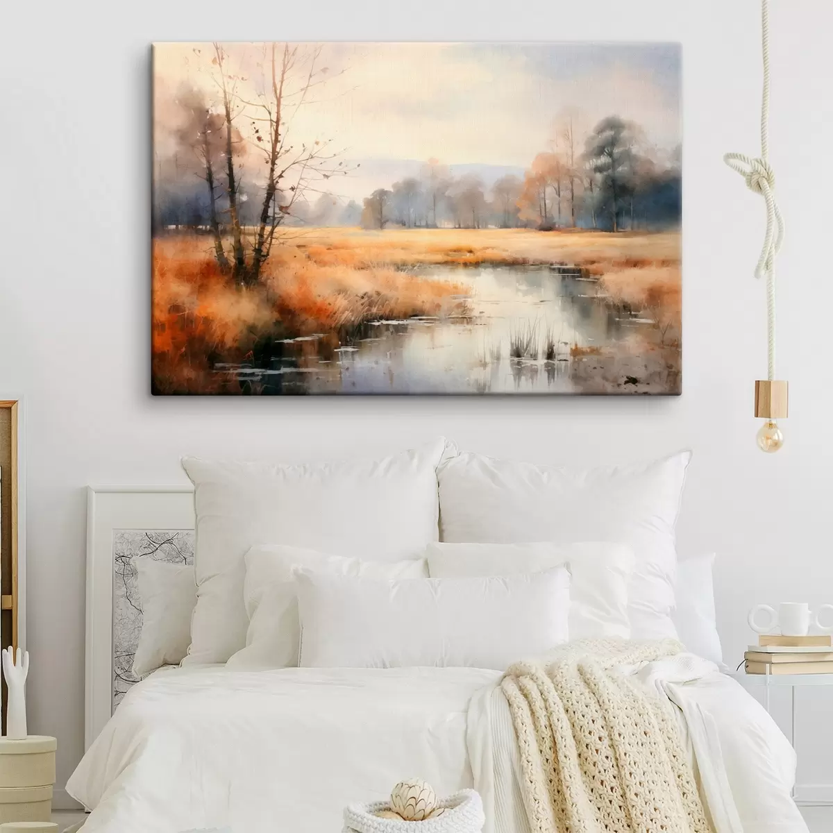 murales de pared Una pintura de paisaje de textura tranquila imitación de juncos y árboles desnudos, el agua tranquila bajo un cielo s44867