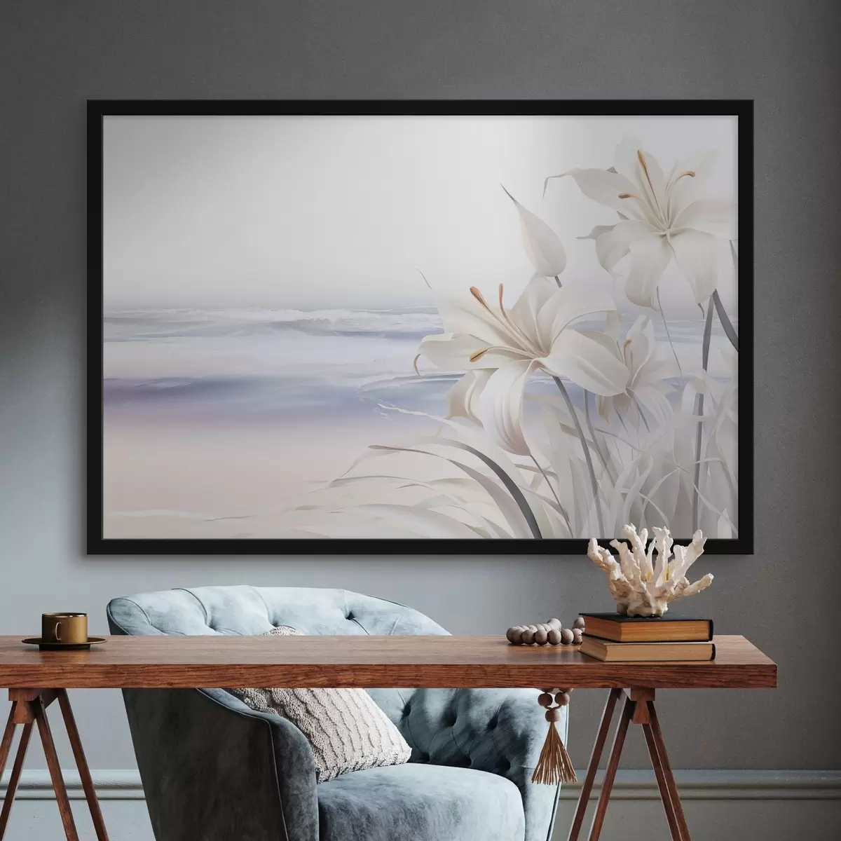 Poster Lirios blancos con pistilos naranjas y hojas largas en una playa con suaves olas de fondo, colores pastel f44850