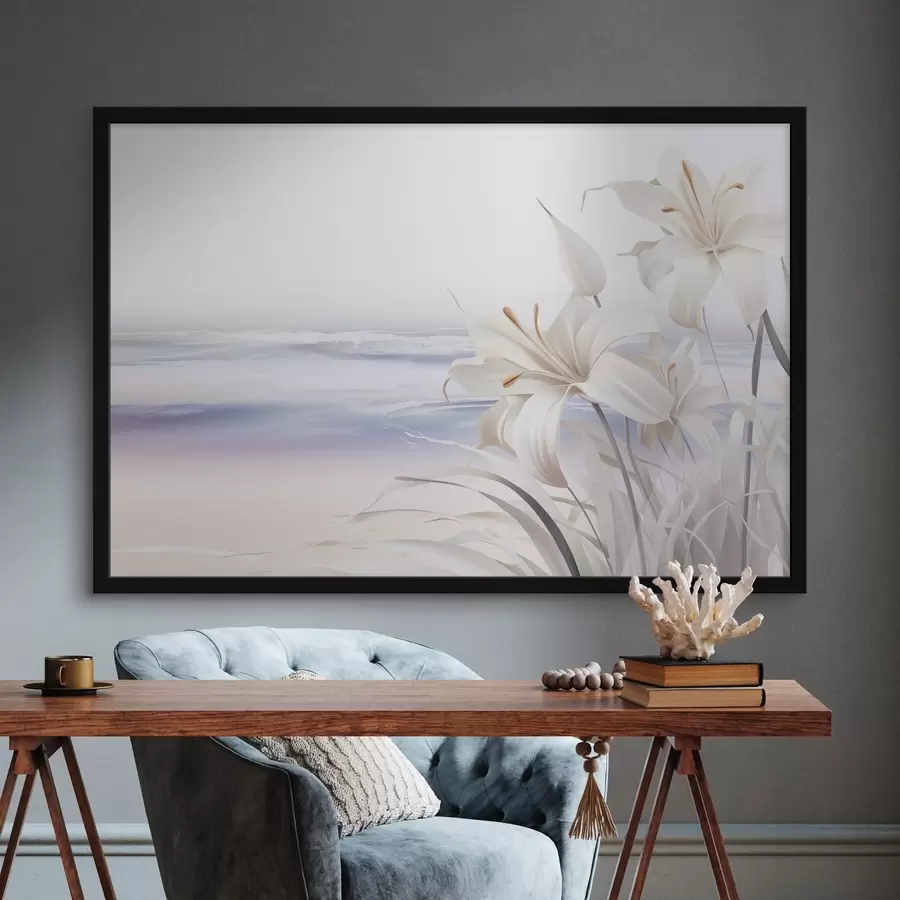 murales de pared Lirios blancos con pistilos naranjas y hojas largas en una playa con suaves olas de fondo, colores pastel f44850