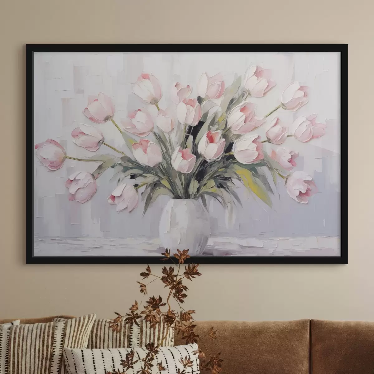 Poster Un jarrón con tulipanes rosas, hojas verdes, fondo gris claro , estilo pintura al óleo, pinceladas gruesas f44852