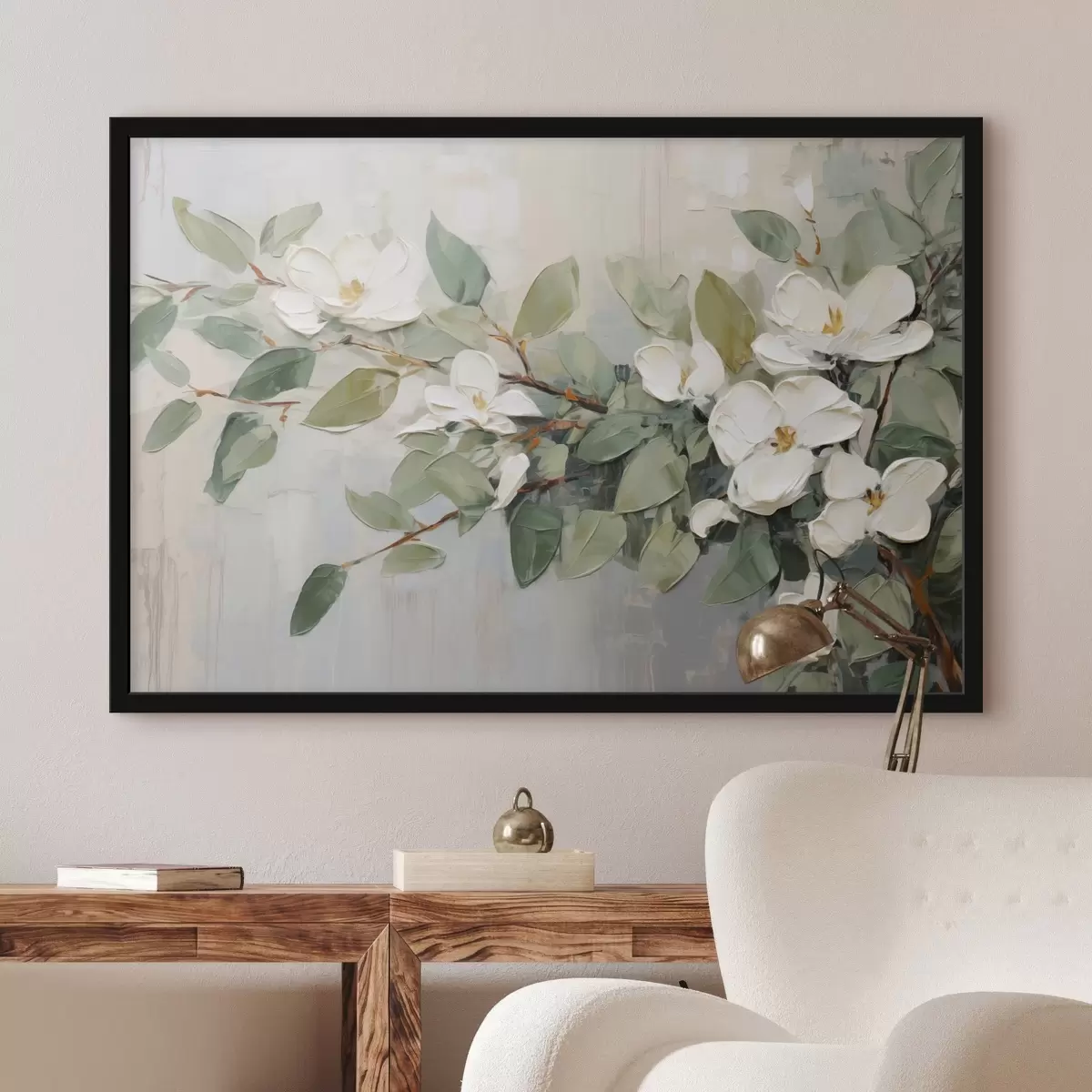 Poster Flores de magnolia con hojas verdes en una rama, estilo de textura impasto, paleta de colores suaves f44853