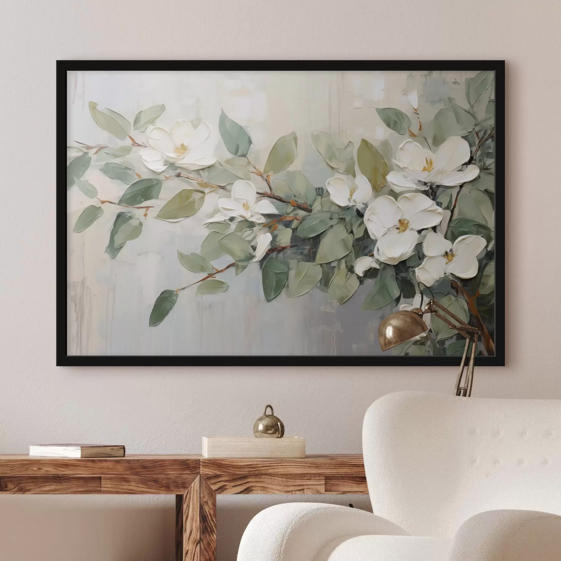 murales de pared Flores de magnolia con hojas verdes en una rama, estilo de textura impasto, paleta de colores suaves f44853