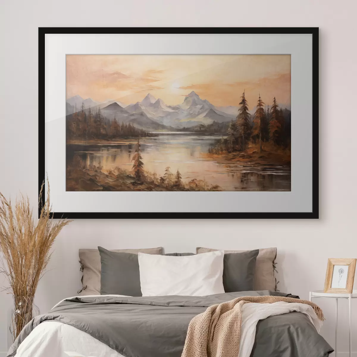 Poster Paisaje con un lago rodeado de árboles y montañas al fondo, cielo anaranjado con el sol f44857