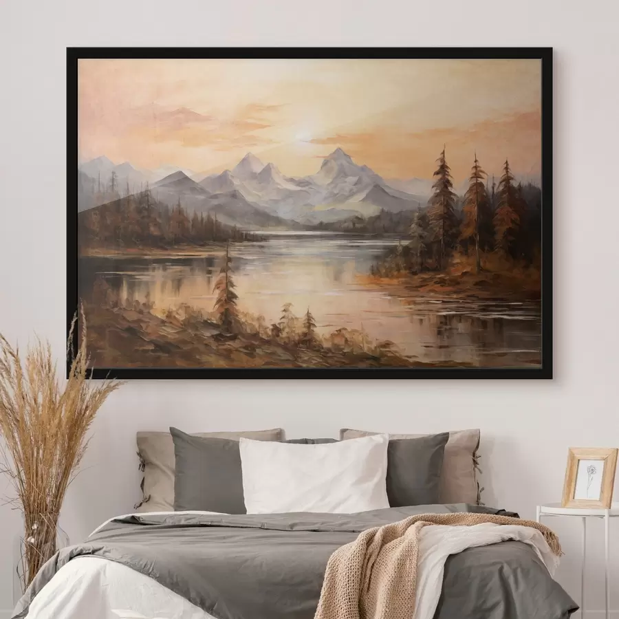 murales de pared Paisaje con un lago rodeado de árboles y montañas al fondo, cielo anaranjado con el sol f44857