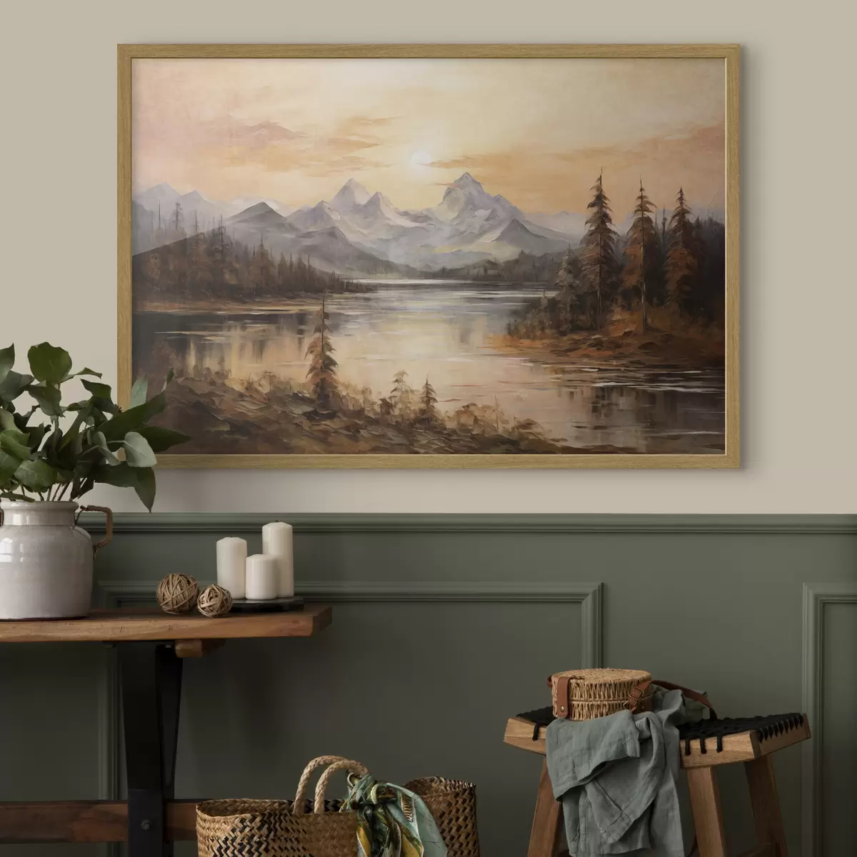Poster Paisaje con un lago rodeado de árboles y montañas al fondo, cielo anaranjado con el sol f44857