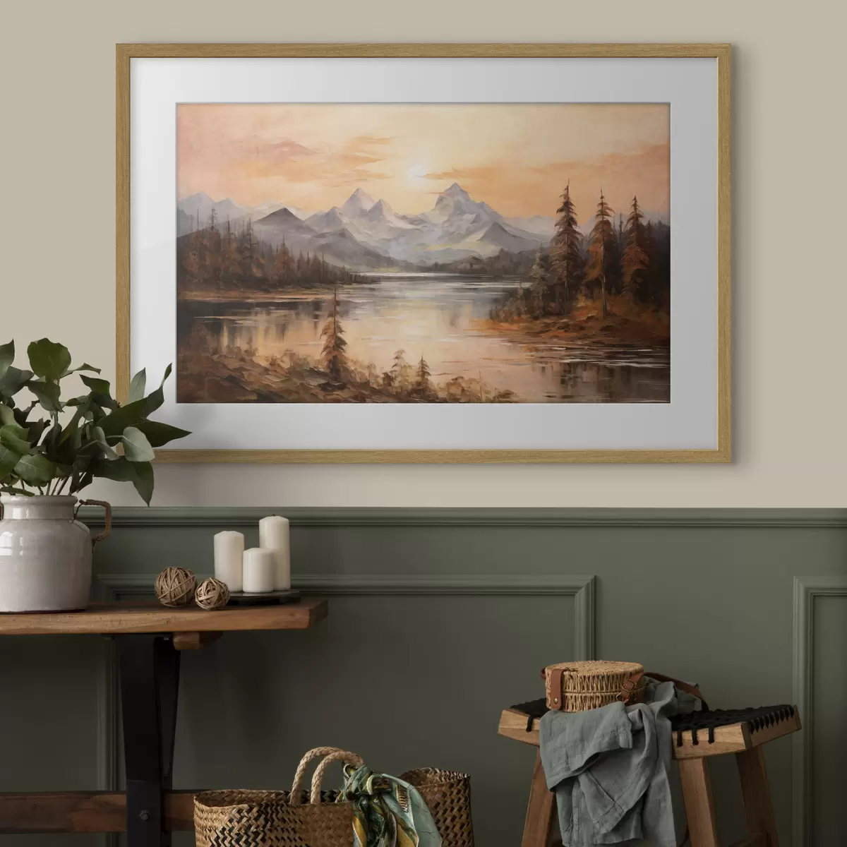 Poster Paisaje con un lago rodeado de árboles y montañas al fondo, cielo anaranjado con el sol f44857