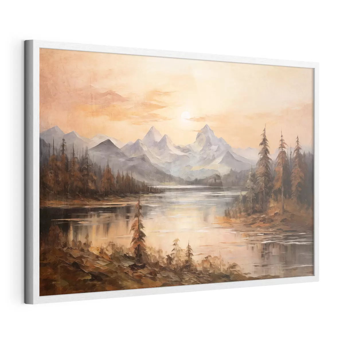 Poster Paisaje con un lago rodeado de árboles y montañas al fondo, cielo anaranjado con el sol f44857