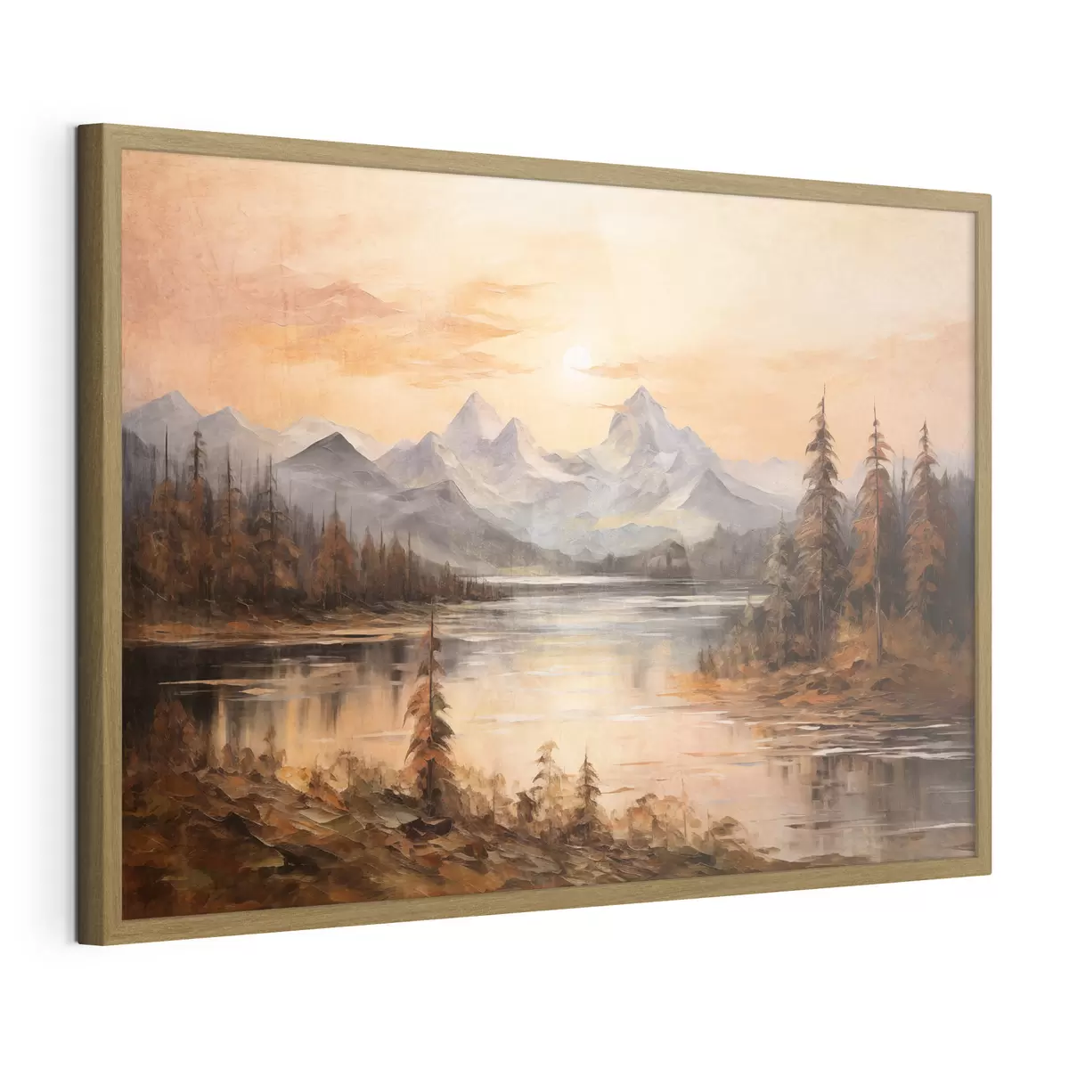 Poster Paisaje con un lago rodeado de árboles y montañas al fondo, cielo anaranjado con el sol f44857