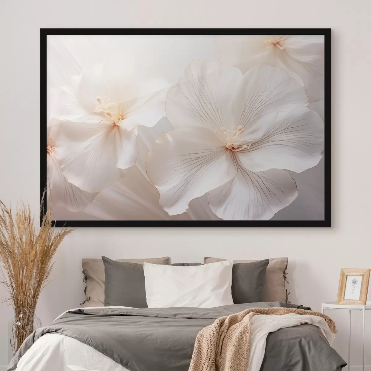 Poster Delicadas flores blancas con pétalos y centros de suaves colores pastel, que crean un arte floral de ensueño y etéreo f44858