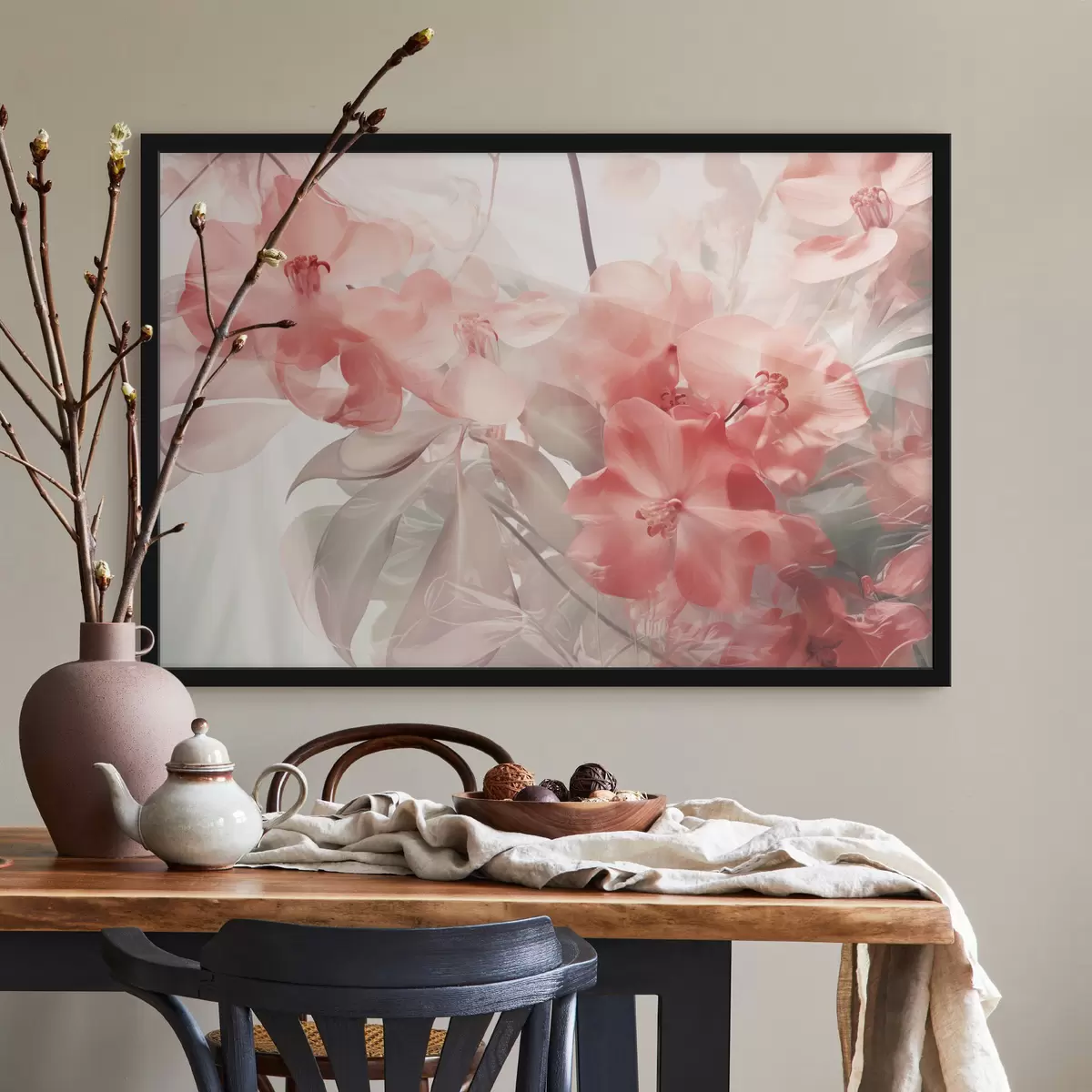 Poster Flores tropicales de color rosa vibrante con hojas verdes suaves y apagadas, que crean una delicada textura de ensueño f44861